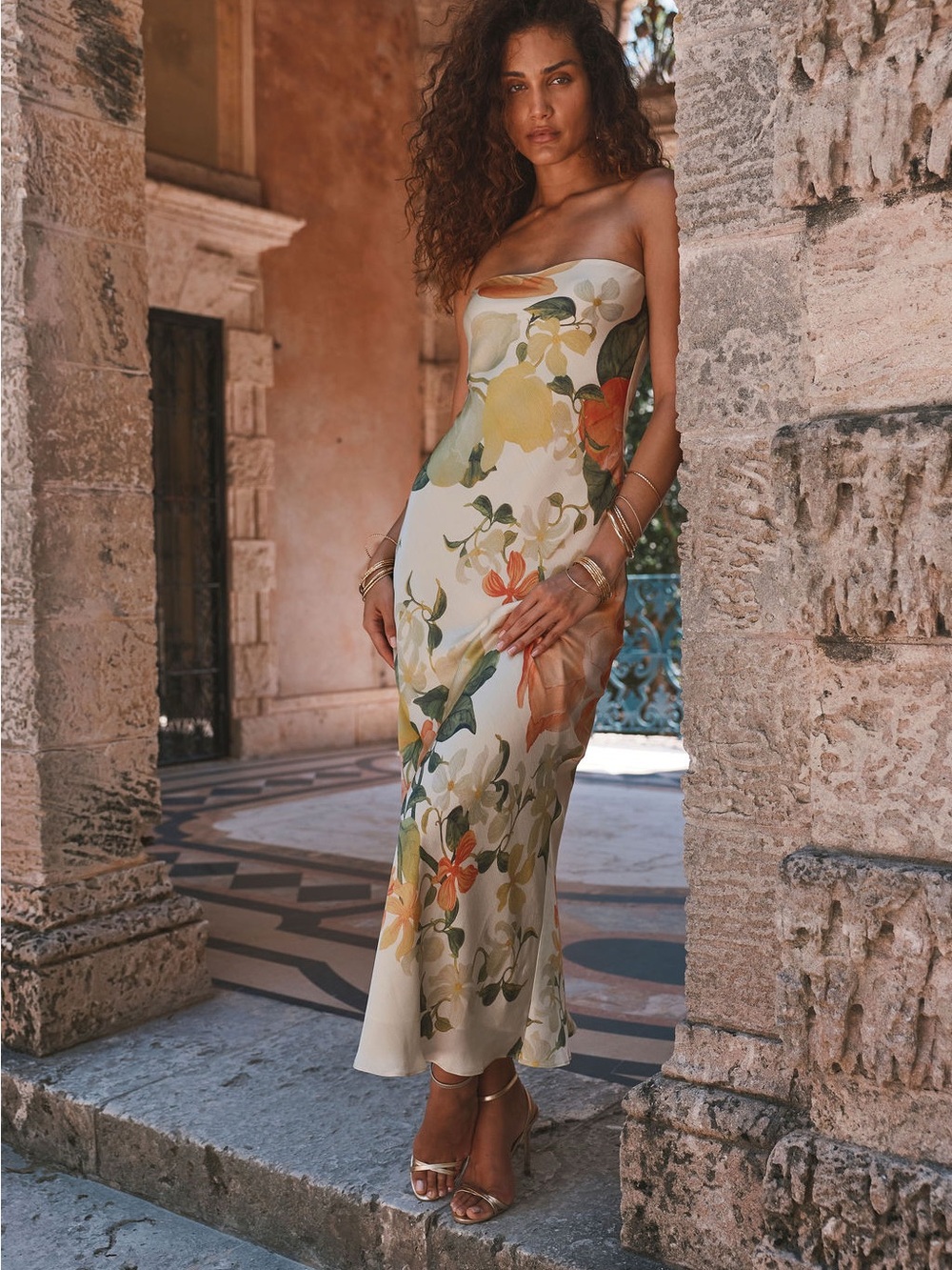12th Tribe Camille Floral Strapless Maxi Dress in Cream, Green and Orange